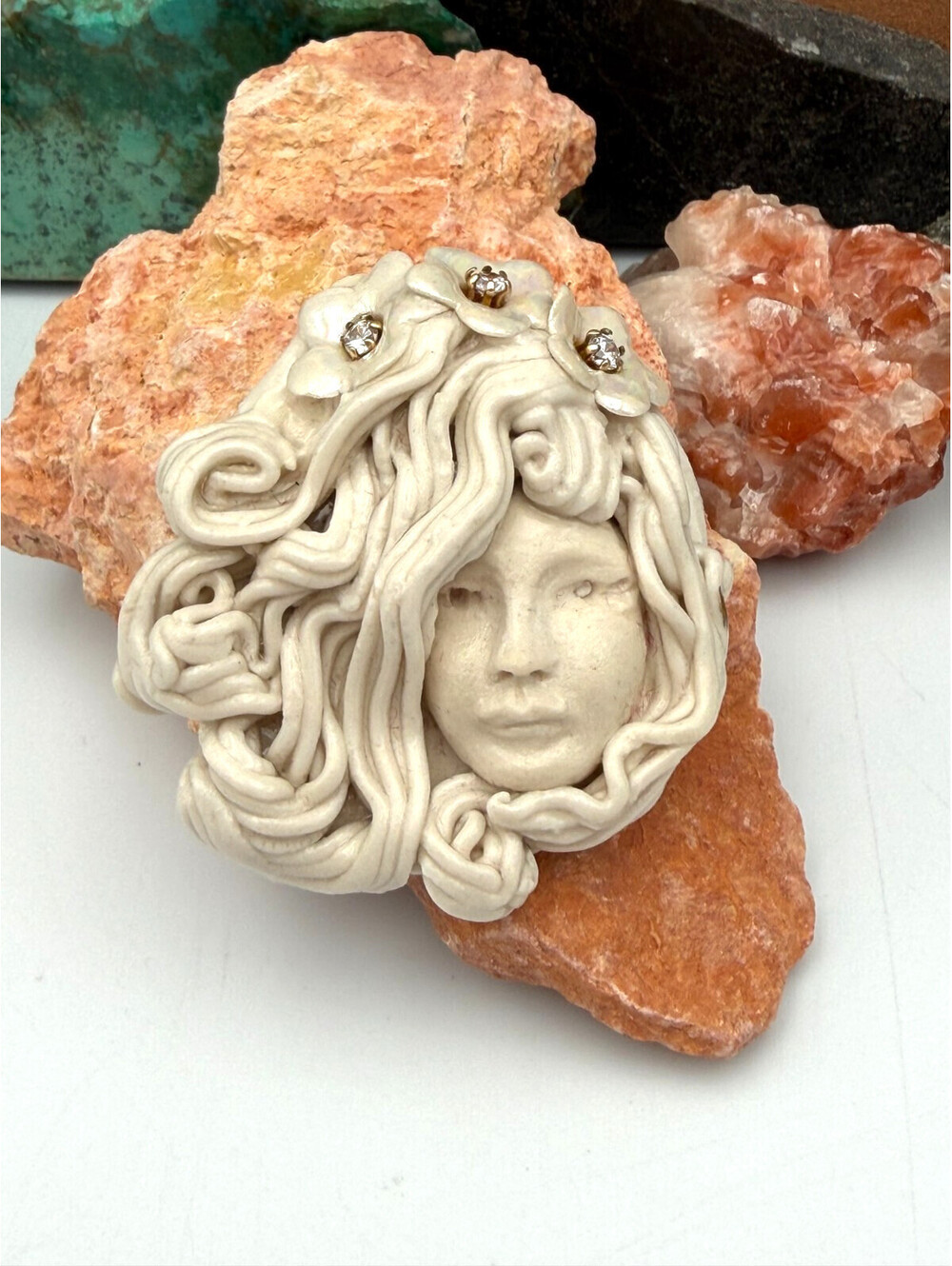 14K Gold with CZ Diamonds Polymer Clay Women Brooch Pin